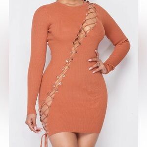 Elegant Lace-Up Rust Orange Dress